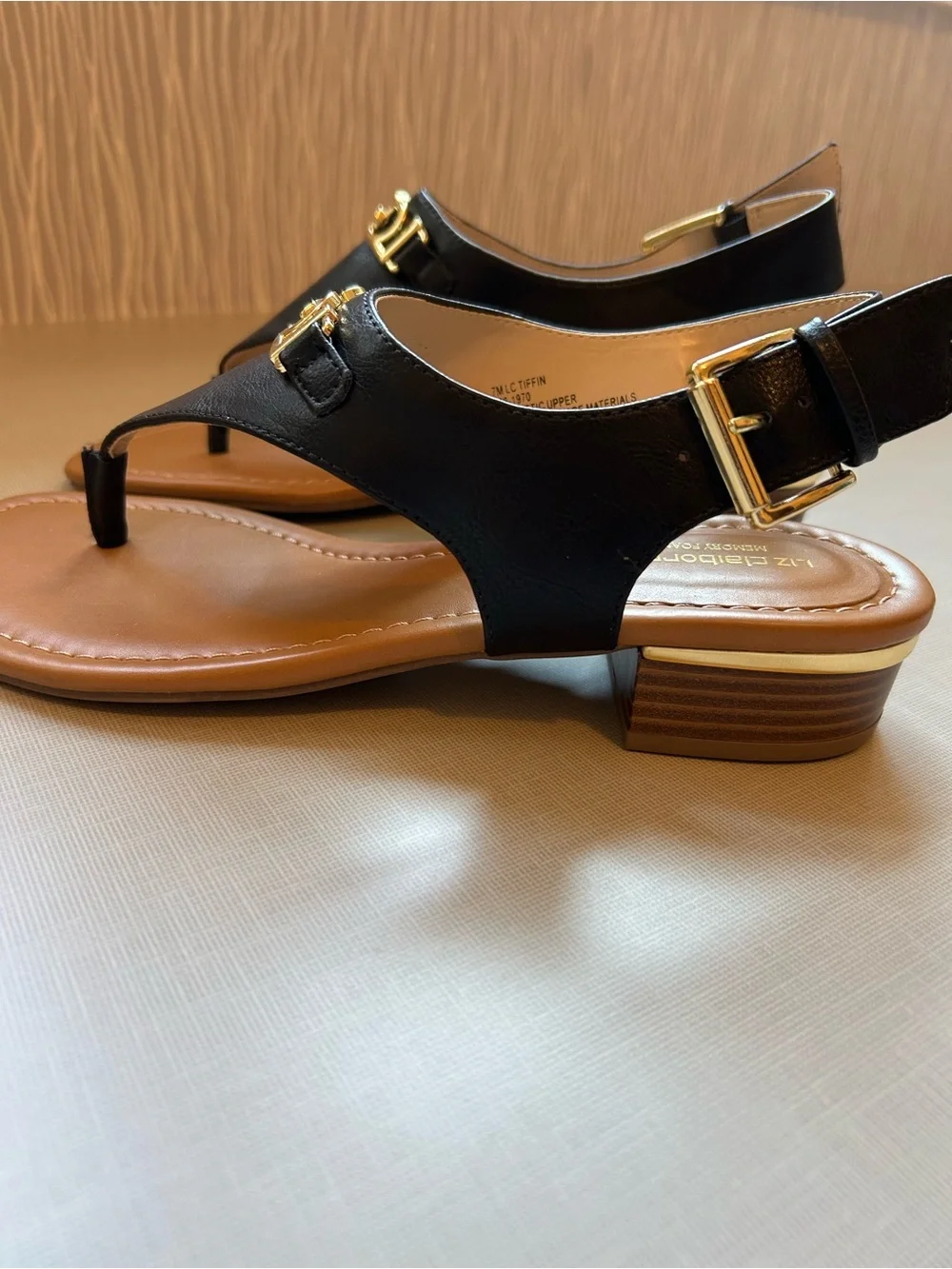 NWT Liz Claiborne Tiffin Black Sandals with Gold accents adjustable Buckle 7
